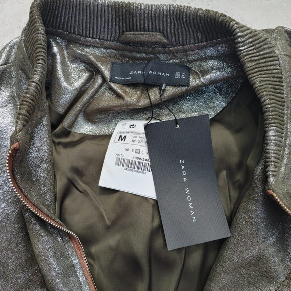 NWT Zara Olive Green Silver Shiny Glitter Bomber Jacket. M - Picture 5 of 8